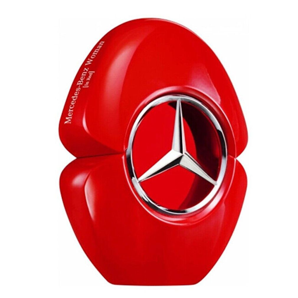 Flacone rosso con logo a stella argentato. Scritta: Mercedes-Benz Woman [In Red]. Eau de Parfum.