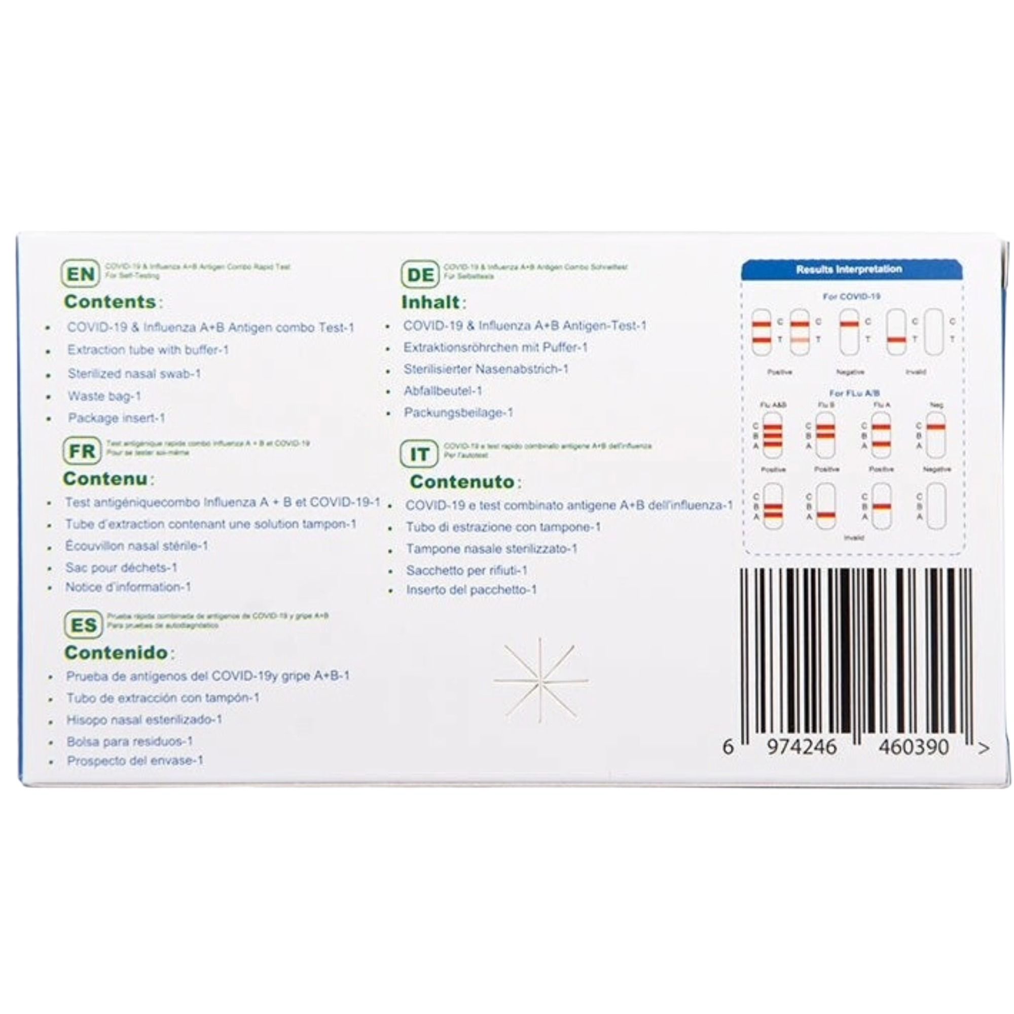 Retro della scatola Safecare Bio-Tech COVID-19 & Influenza A+B Antigen Combo Rapid Test con contenuto e interpretazione dei risultati.