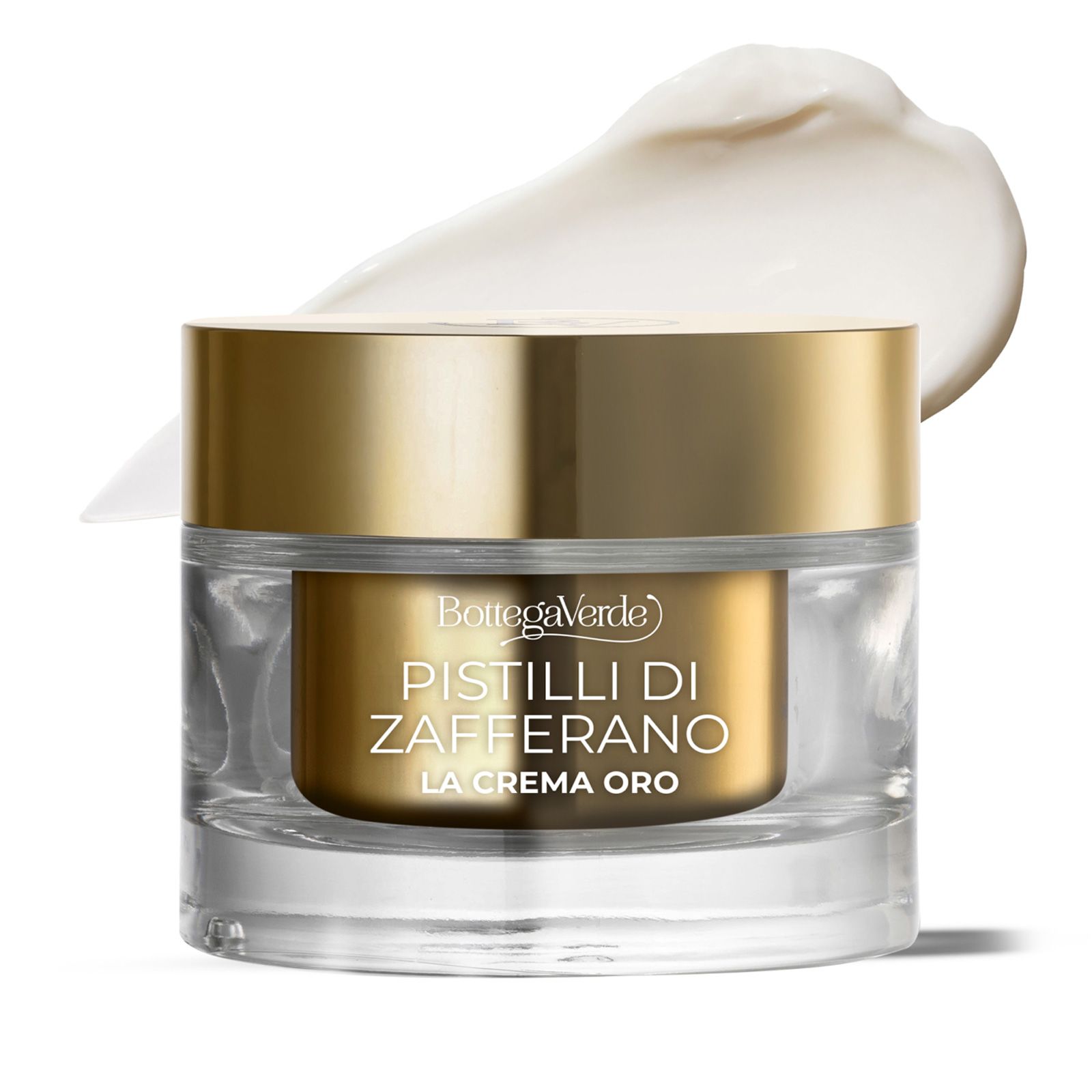 Vasetto di crema con coperchio e contenitore dorati. Scritta: Pistilli di Zafferano, La Crema Oro. Macchia di crema. Marchio: Bottega Verde.