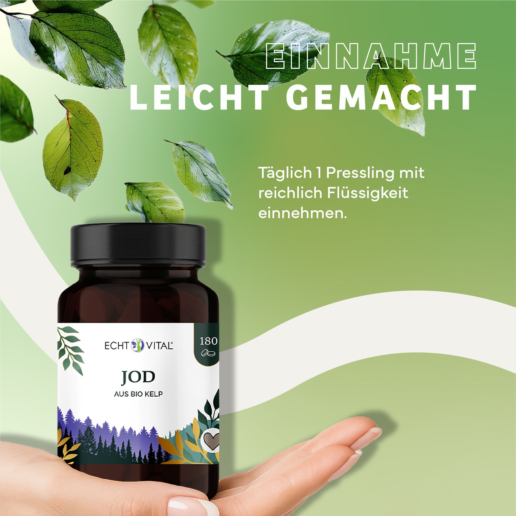 Flacone di vetro marrone con tappo nero, tenuto in mano. Scritta: Echt Vital Jod aus Bio Kelp. Foglie verdi sullo sfondo.