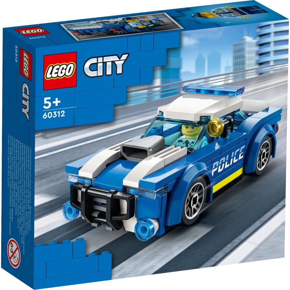 Auto della polizia LEGO City blu e bianca con conducente. La confezione indica LEGO City, 5+ e 60312.