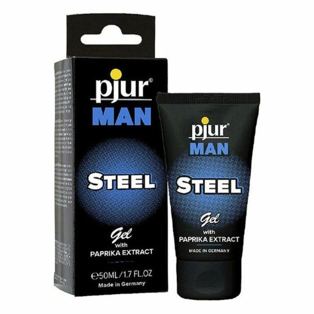 Tubo e scatola neri. Scritta: Pjur MAN STEEL Gel con estratto di paprika. 50ml/1.7 fl.oz.