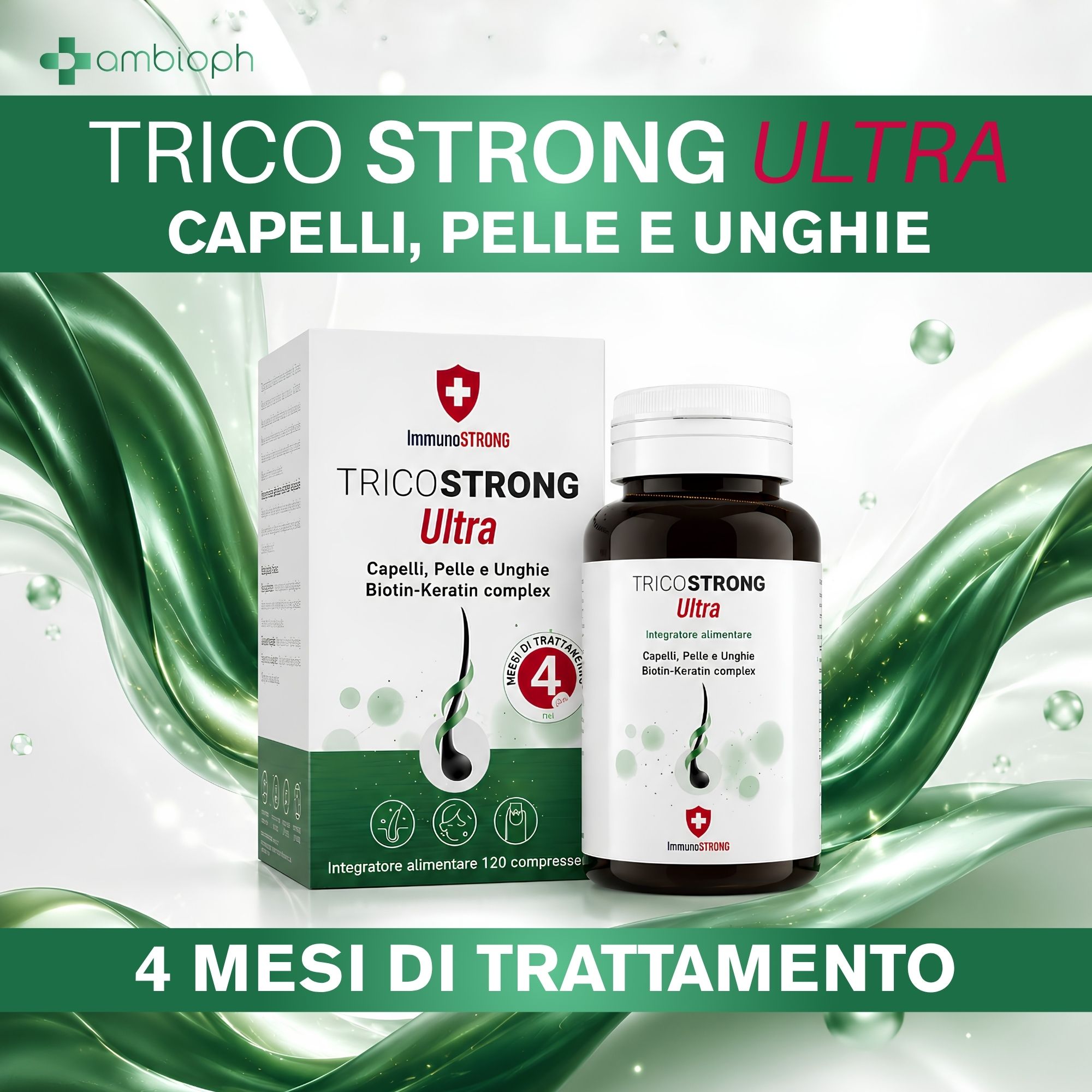 TricoSTRONG Ultra: confezione e flacone, 4 mesi di trattamento per capelli, pelle e unghie.