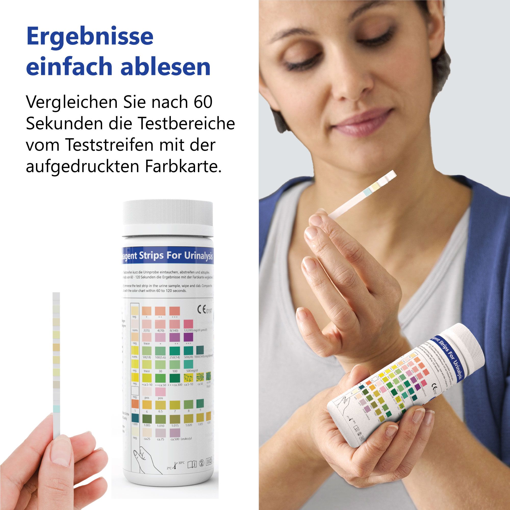 Donna tiene striscia e flacone. Scritta: Reagent Strips For Urinalysis. Scala cromatica. Confronto dei risultati dopo 60 secondi.