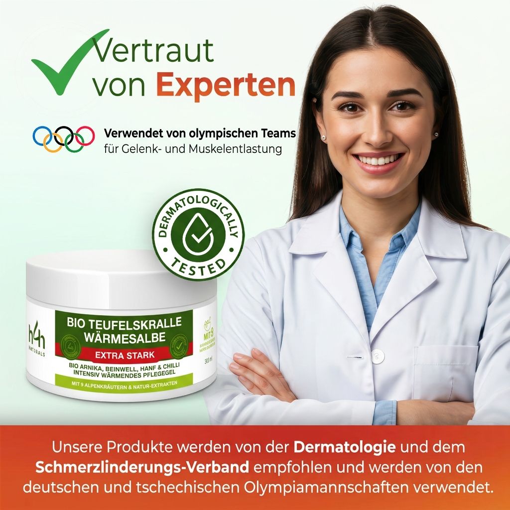 Vasetto bianco con etichetta verde. Testo: BIO TEUFELSKRALLE WÄRMESALBE EXTRA STARK. Scritta: H4H Naturals. Dermatologicamente testato. Donna in camice bianco.