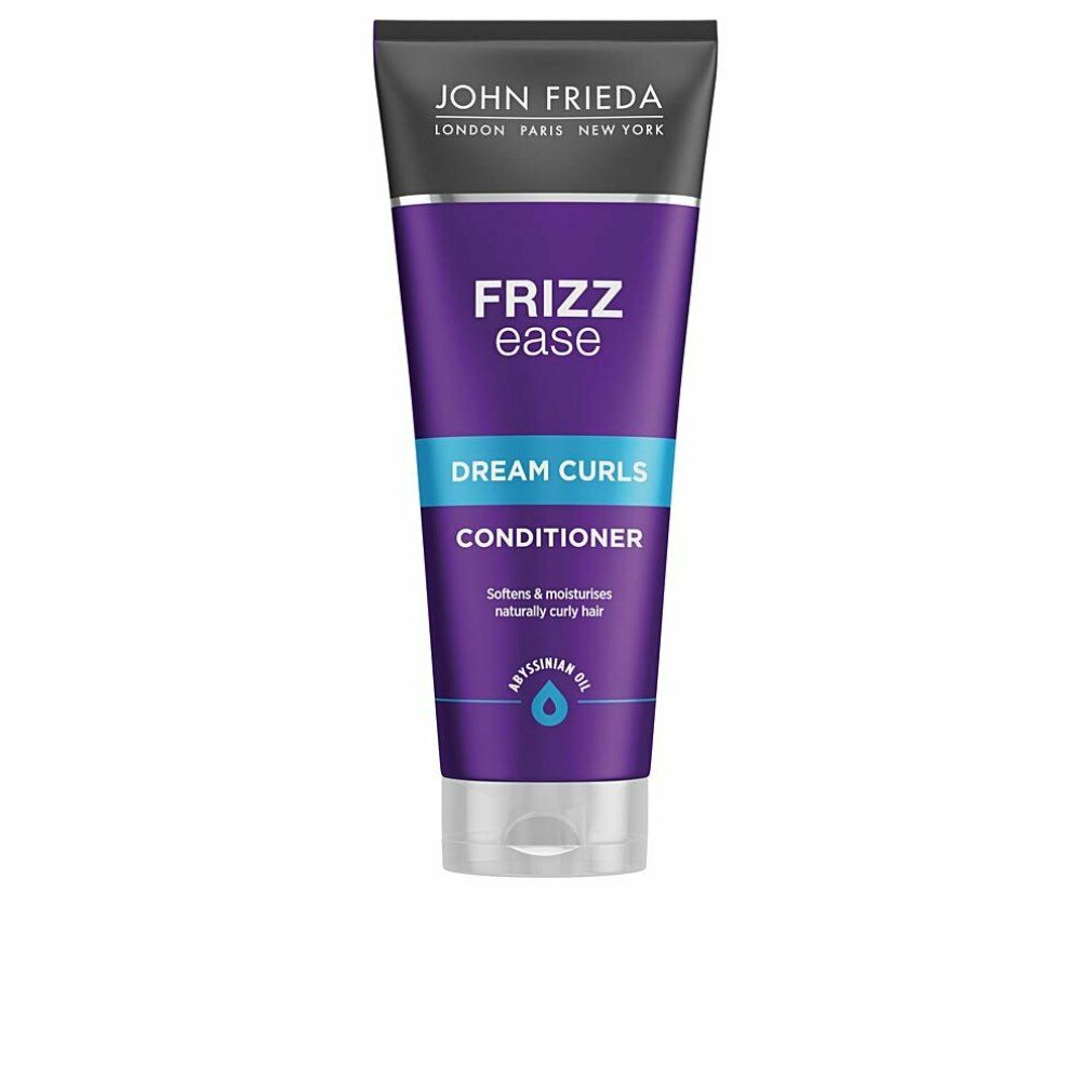 Conditioner John Frieda Frizz Ease Dream Curls. Tubo viola con testo blu. Contiene olio di Abissinia. Testo: Dream Curls, Conditioner.
