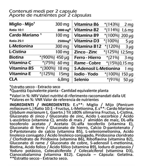 Tabella nutrizionale. Ingredienti e valori nutrizionali per 2 capsule. Testo in italiano e spagnolo.