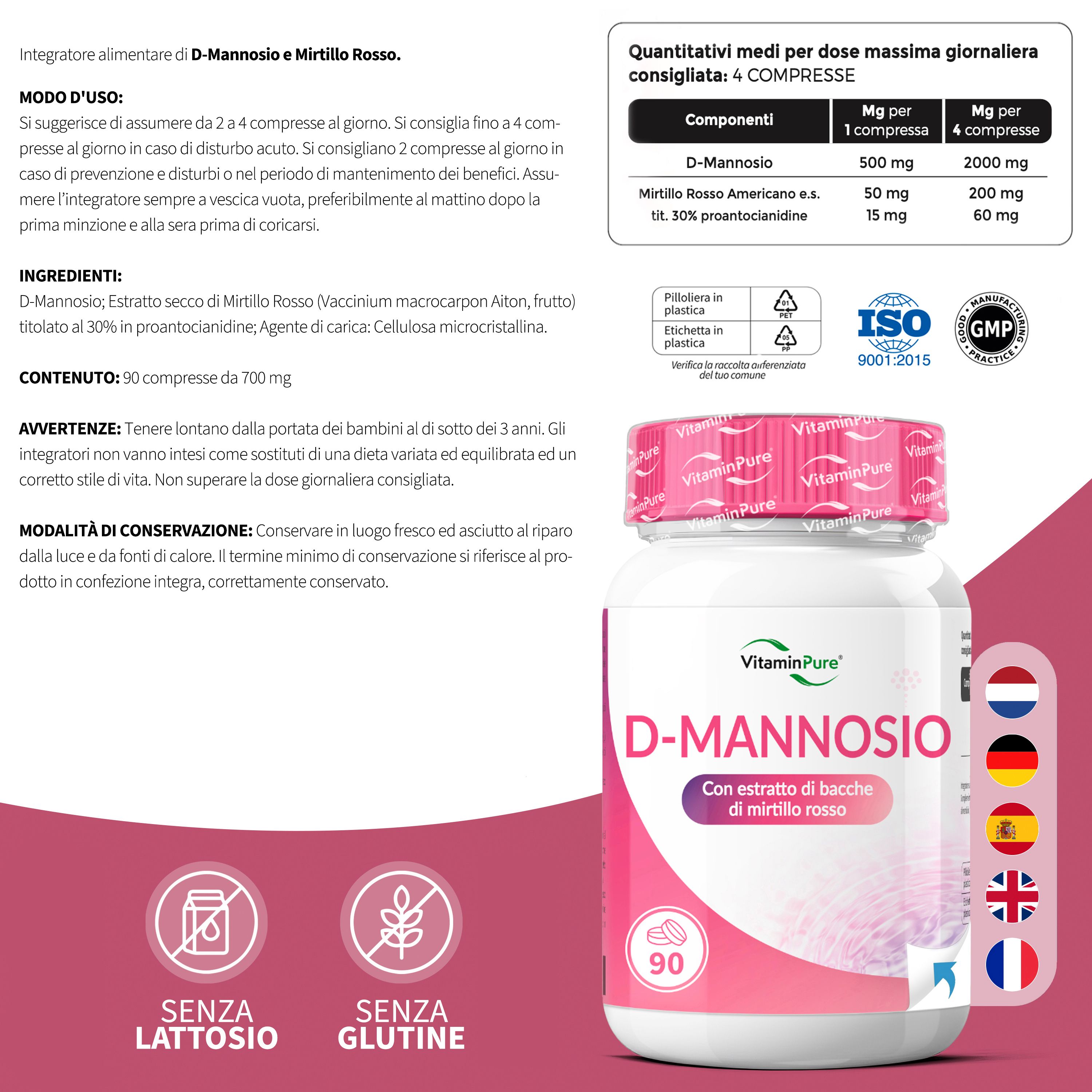 Flacone D-Mannosio con informazioni nutrizionali, sigilli ISO e GMP.