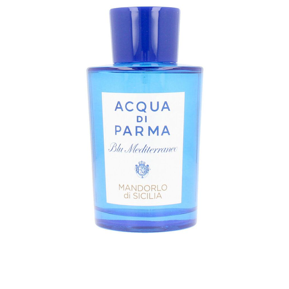 Flacone di eau de toilette blu. Scritta: ACQUA DI PARMA Blu Mediterraneo Mandorlo di Sicilia.