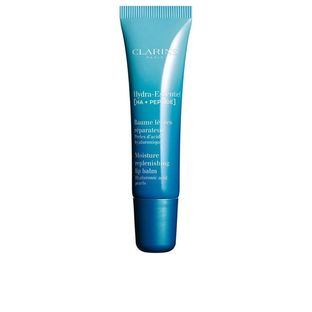 Tubo blu e bianco di balsamo labbra Clarins Hydra-Essentiel. Testo: Hydra-Essentiel, Baume lèvres réparateur, Moisture replenishing lip balm.