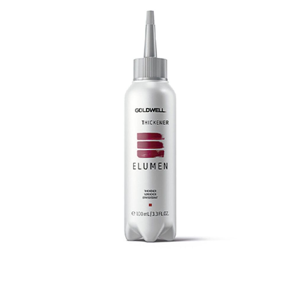 Flacone bianco con applicatore argentato. Strisce rosse e scritta ELUMEN. Logo Goldwell e THICKENER.