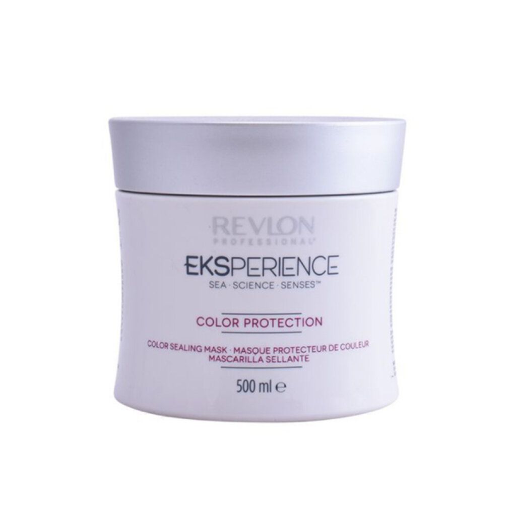Vaso bianco con coperchio argentato. Scritta: Revlon Eksperience Color Protection. 500 ml.