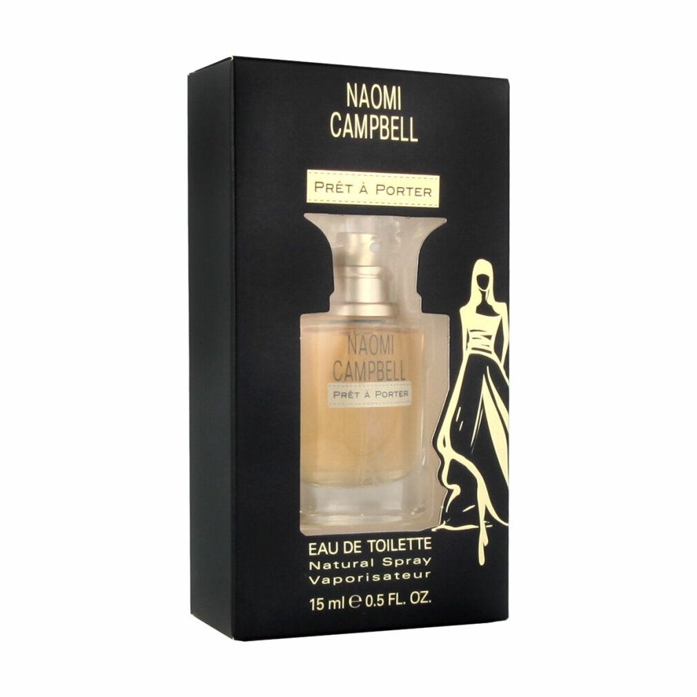 Naomi Campbell Prêt à Porter in confezione nera. Flacone visibile attraverso una finestra. Testo sulla confezione.