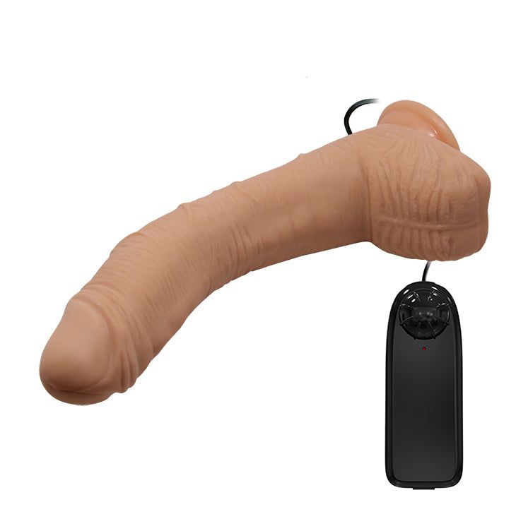 Dildo beige con superficie strutturata e ventosa. Con telecomando nero.