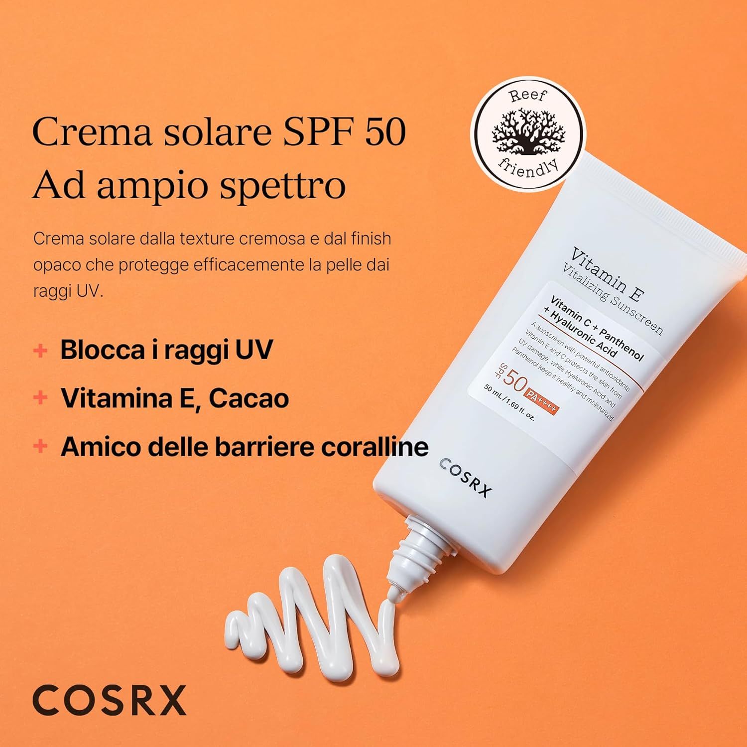 Tubo di crema solare. Testo: SPF 50, Vitamin E, COSRX. Reef-friendly. Erogazione crema.