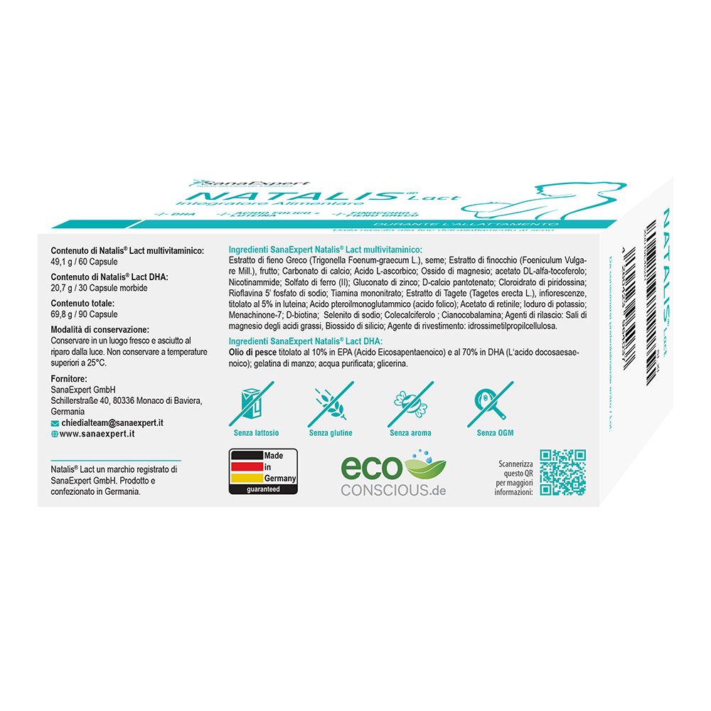 Retro della confezione SanaExpert Natalis Lact. Ingredienti, informazioni produttore, loghi. Testo in tedesco. Logo: Made in Germany.