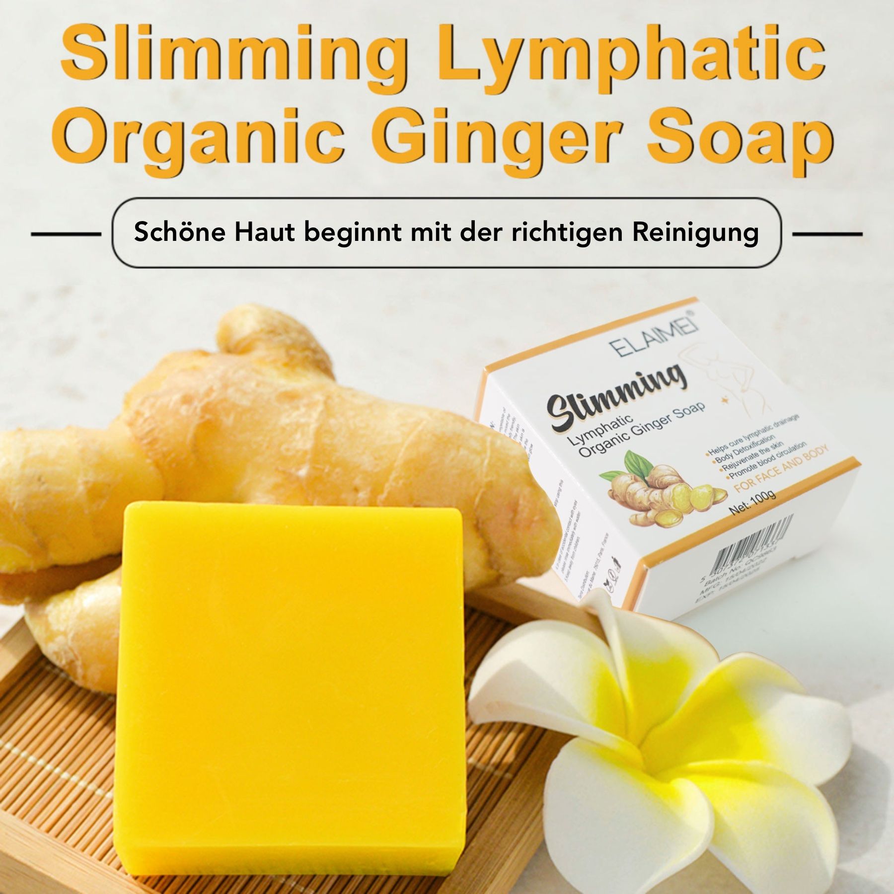 Sapone giallo, zenzero e confezione con testo. Testo: Slimming Lymphatic Organic Ginger Soap.