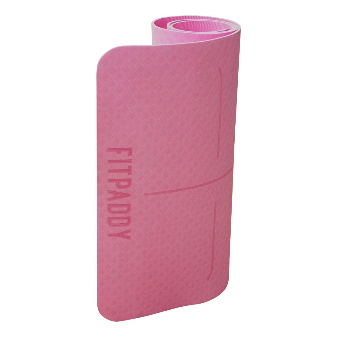 Tappetino yoga e pilates arrotolato, rosa. Scritta FITPADDY e segni. Superficie con motivo.