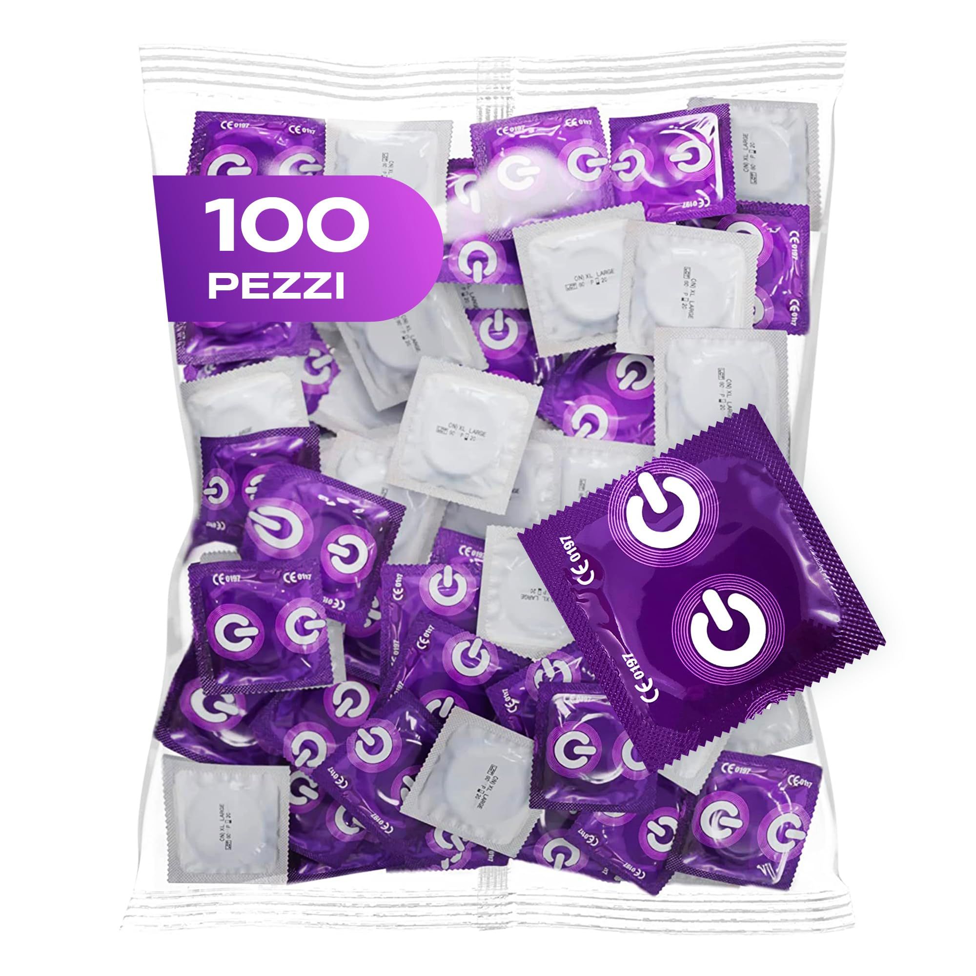 Busta da 100 preservativi ON), confezioni singole viola e bianche.