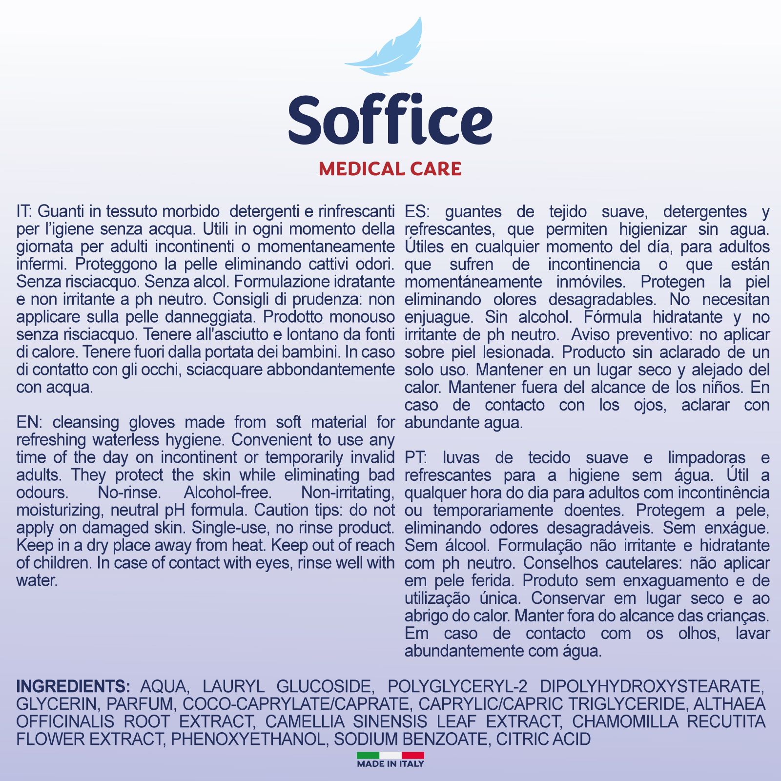 Testo su sfondo bianco. Elenco degli ingredienti e istruzioni per l'uso del prodotto.
