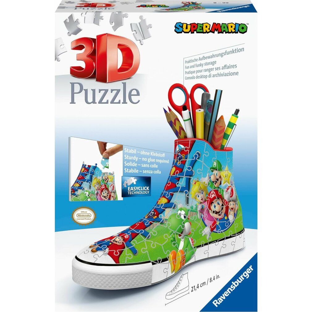 Scatola puzzle 3D Super Mario. Puzzle a forma di scarpa con portapenne. Contiene forbici, penne e matite. Dimensioni: 21,4 cm/8,4 pollici.