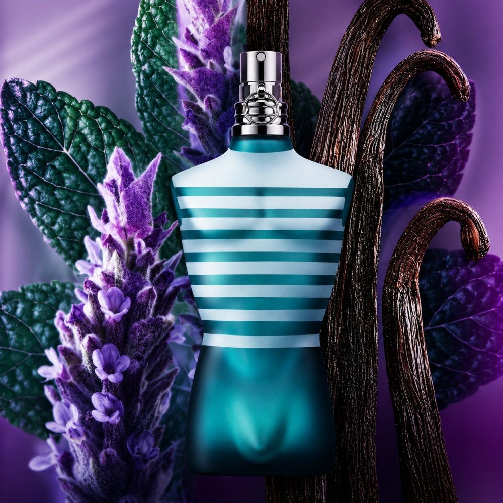 Flacone Jean Paul Gaultier Le Male Eau de Toilette circondato da lavanda e baccelli di vaniglia.