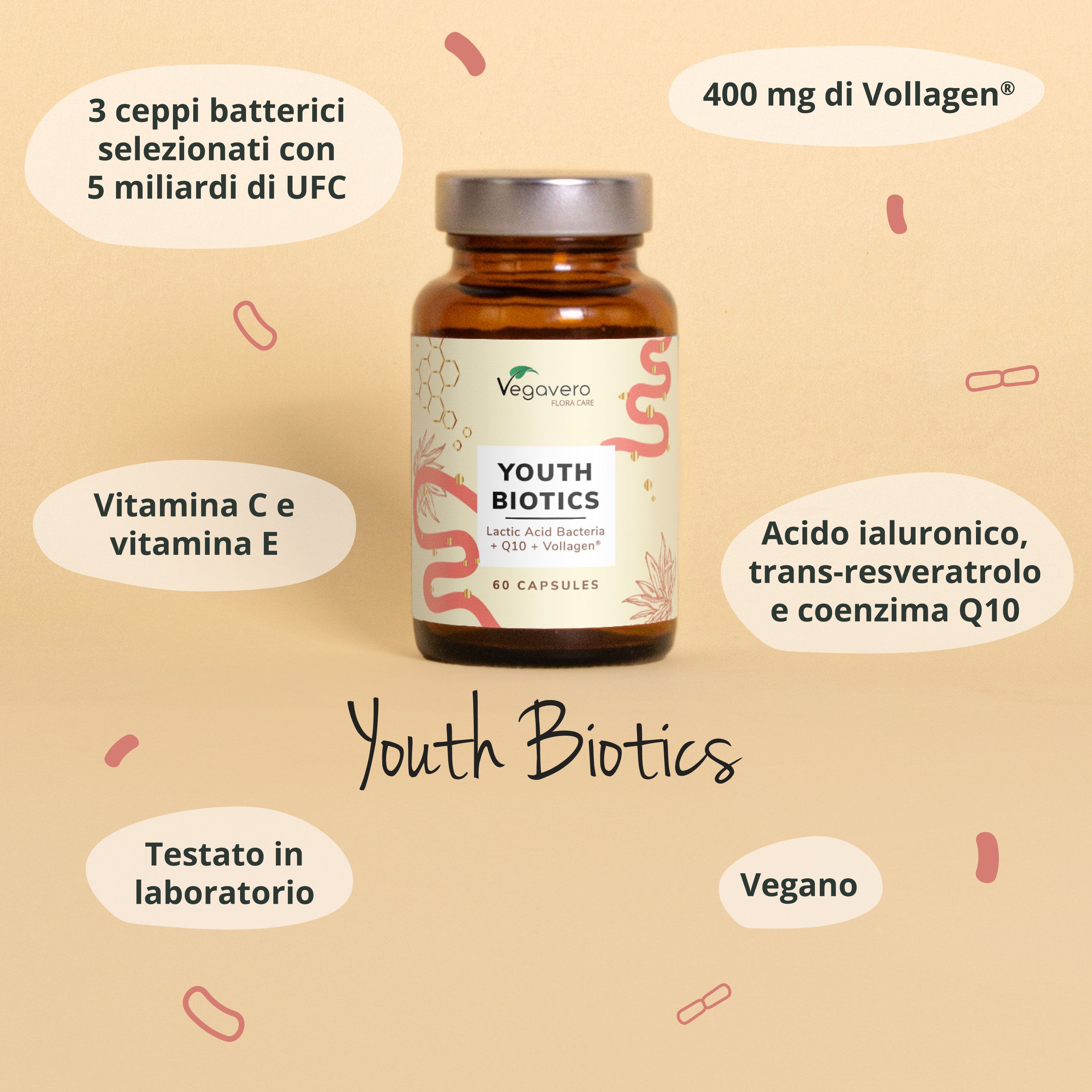 Flacone marrone "Youth Biotics". Testo: 60 capsule, Vegano, Testato in laboratorio. Informazioni ingredienti.