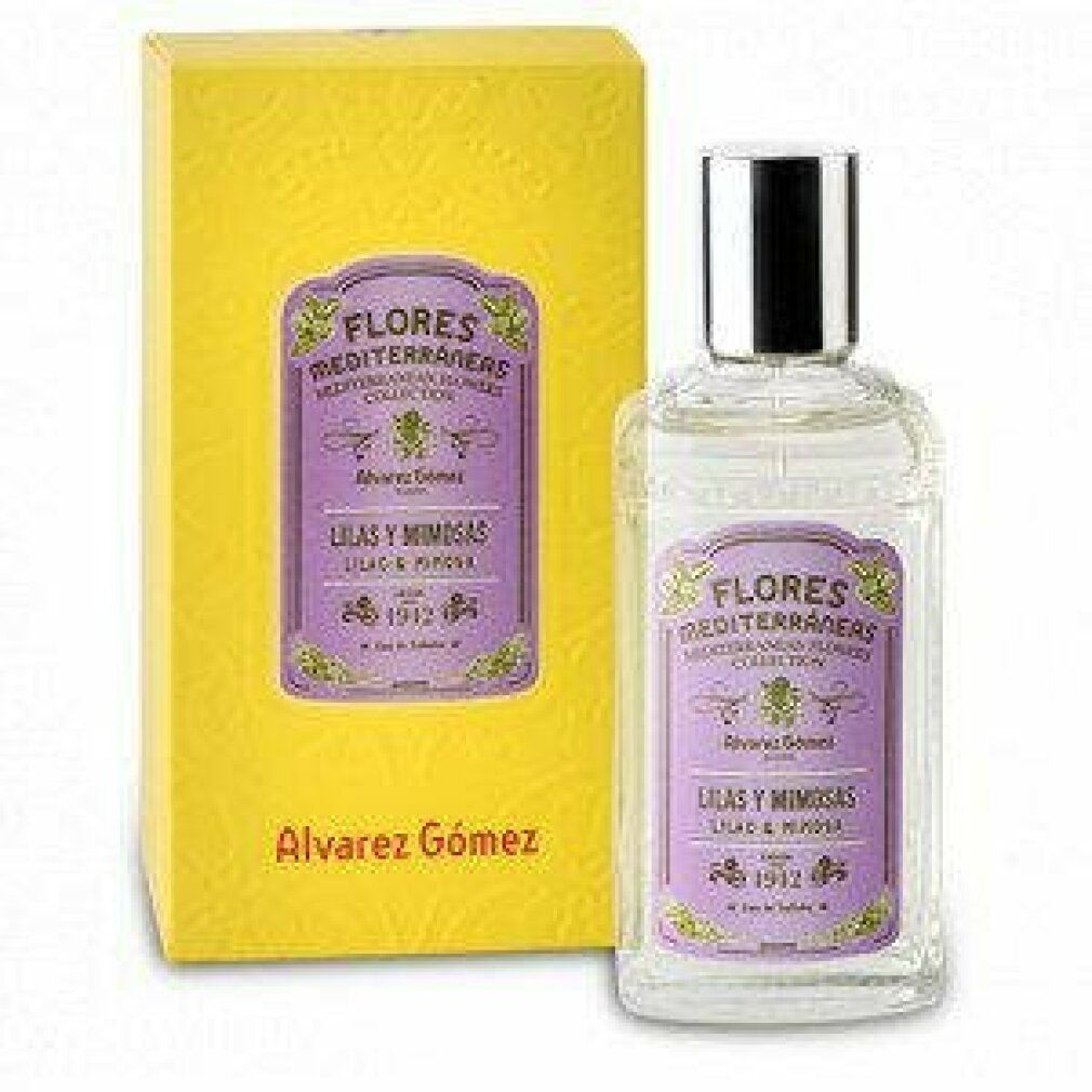 Flacone e scatola Alvarez Gómez. Scritta: Flores Mediterraneas, Lilas y Mimosas. Scatola gialla, etichetta viola.