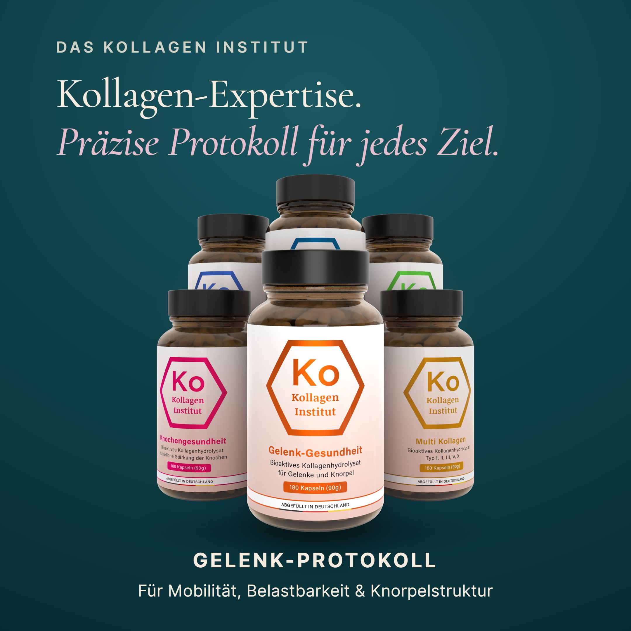 Cinque flaconi di vetro marrone di capsule di collagene, raggruppati su sfondo scuro. L'etichetta mostra il logo 'Ko Kollagen Institut'.