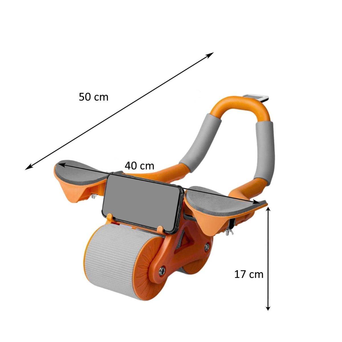 Ruota per addominali con telaio arancione, rulli e cuscinetti grigi. Dimensioni: 50 cm di larghezza, 40 cm di altezza, 17 cm di profondità.