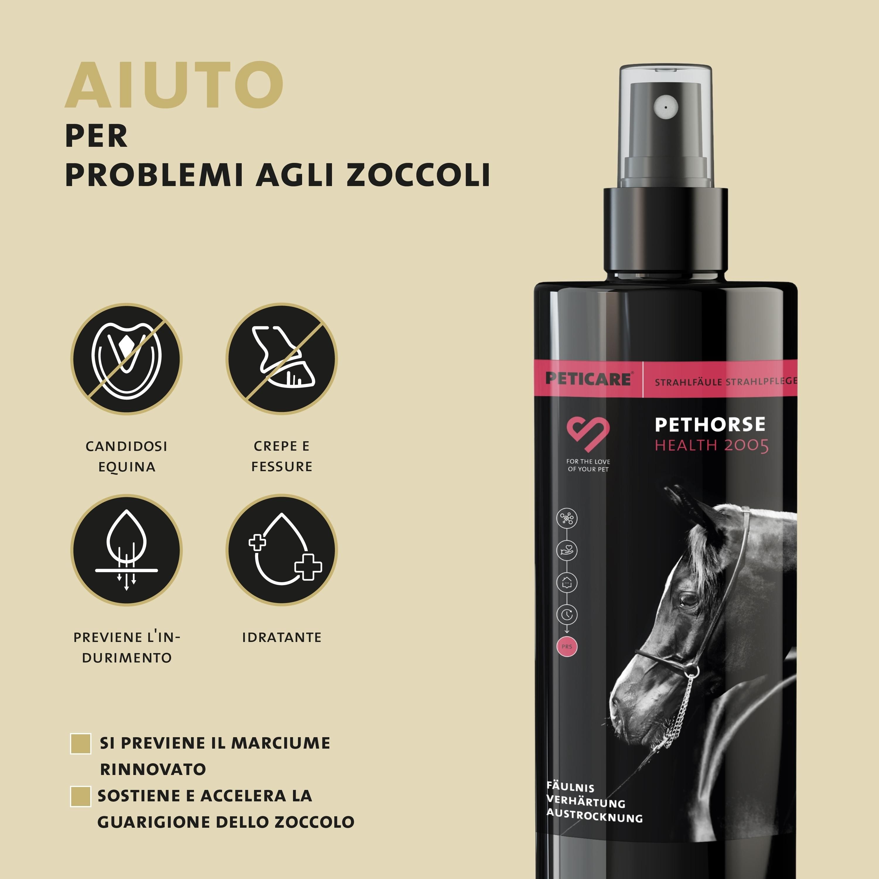 Flacone del prodotto. Testo: PETHORSE HEALTH 2005. Testo: CANDIDOSI EQUINA, CREPE E FESSURE. Testo: PREVIENE L'INDURIMENTO.