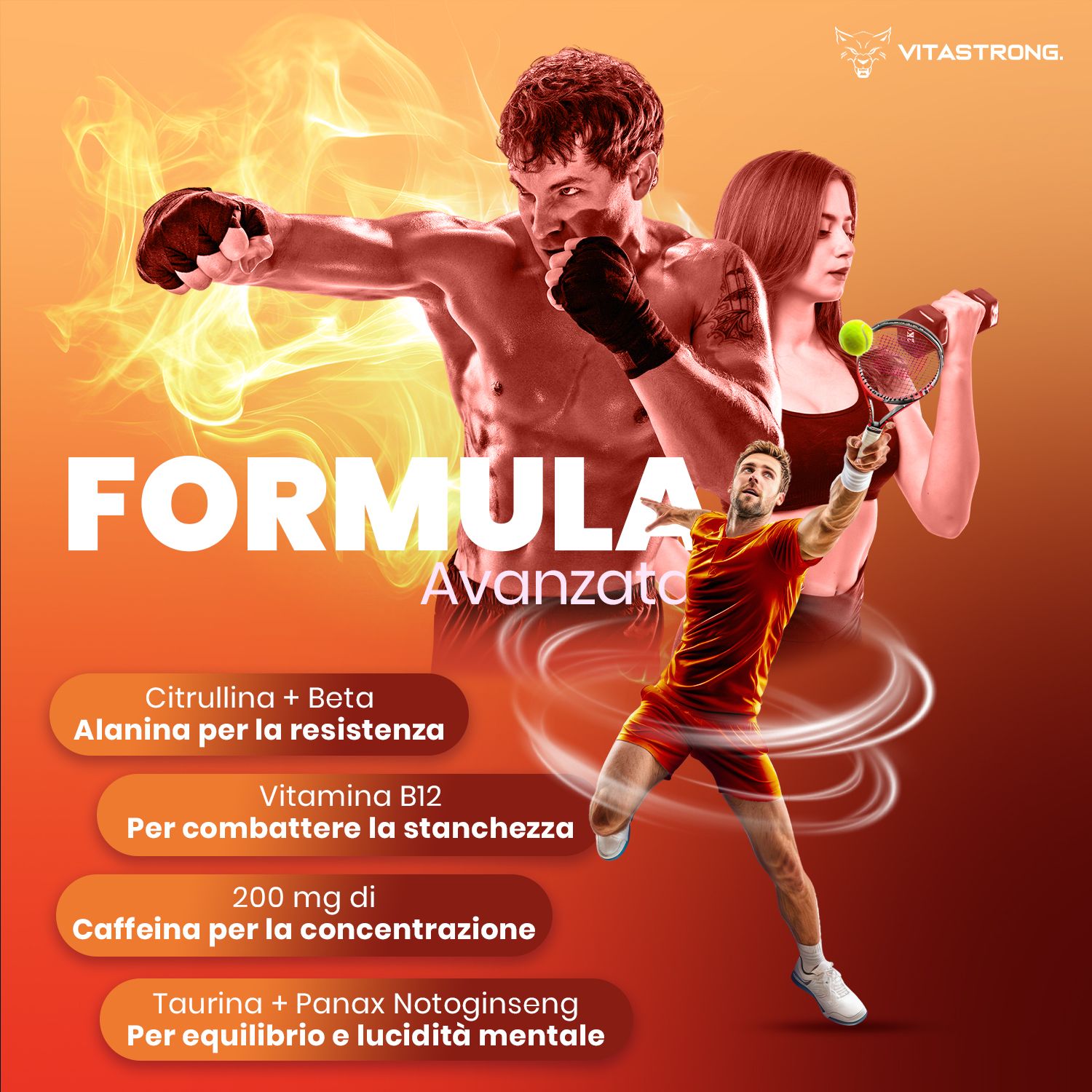 Vitastrong Energy Orange. Immagine con atleti. Testo: Citrullina, Beta Alanina, Vitamina B12, Caffeina, Taurina.