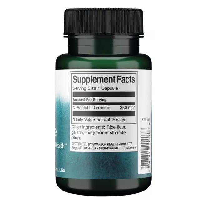 Retro del flacone verde. Scritta: Supplement Facts, N-Acetil L-Tirosina, 350 mg. Altri ingredienti.