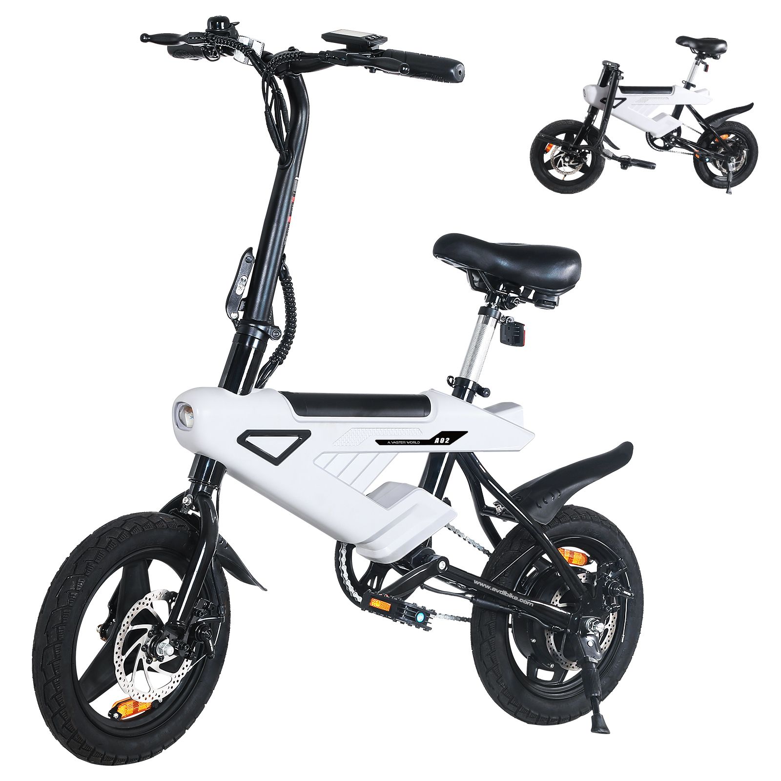 E-bike pieghevole A02, bianco e nero. Ruote da 14 pollici, sella nera, parafanghi. Freni a disco. Seconda immagine più piccola.