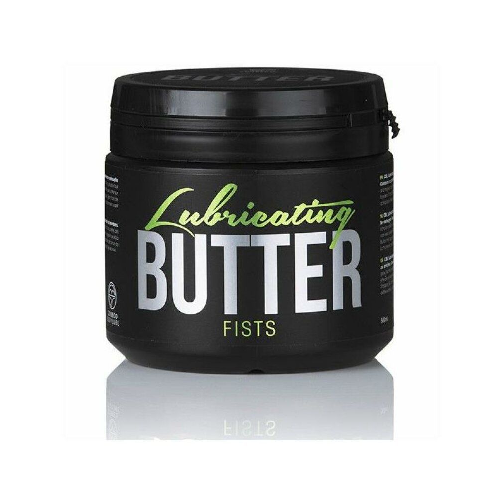 Barattolo nero con coperchio. Scritta: Lubricating BUTTER, FISTS. Scritta verde e argento. Superficie riflettente.