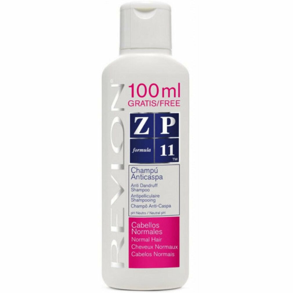 Flacone di shampoo bianco con etichette blu e rosa. Testo: Revlon, ZP11, Champú Anticaspa, Cabellos Normales. 100ml Gratis/Free.