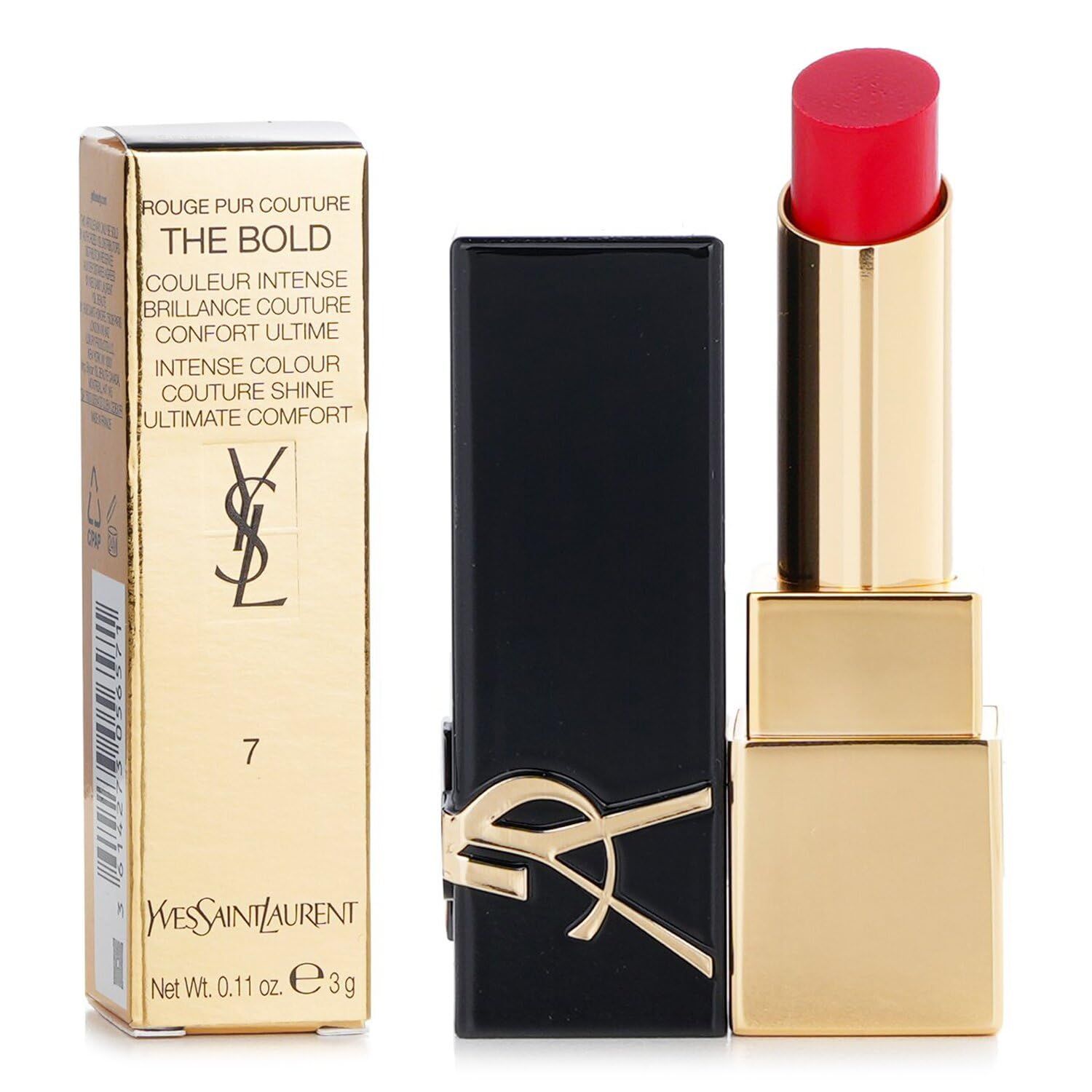 Rossetto rosso con astuccio dorato, cappuccio nero e confezione dorata. Logo YSL visibile. Numero 7.