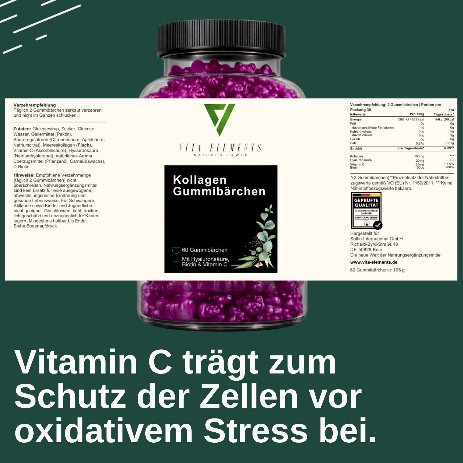 Primo piano dell'etichetta su un barattolo di Vita Elements Kollagen Gummibärchen con informazioni nutrizionali e certificazioni.