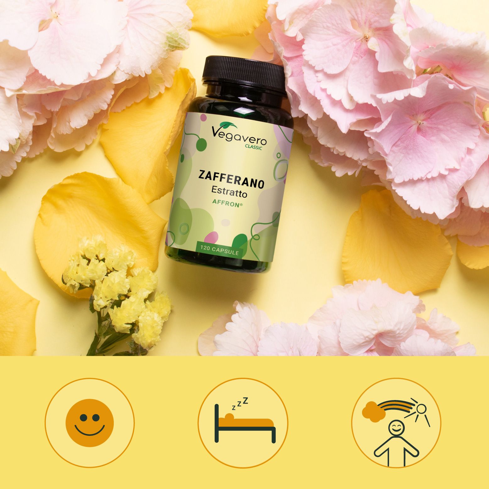 Flacone verde con tappo nero, Zafferano Estratto, 120 capsule. Circondato da petali e fiori. Vegavaro Classic.