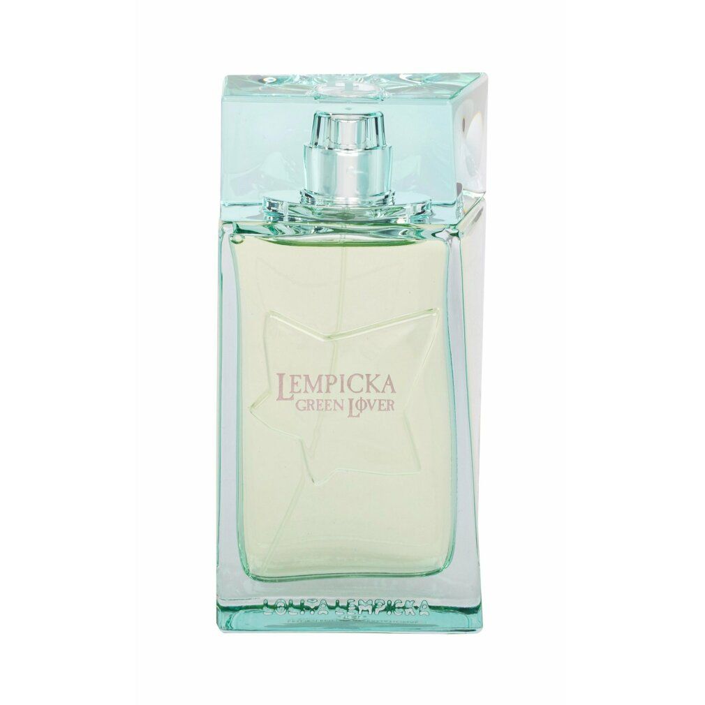 Flacone rettangolare con tappo verde. Scritta: LEMPICKA GREEN LOVER. Design a forma di stella sul flacone.
