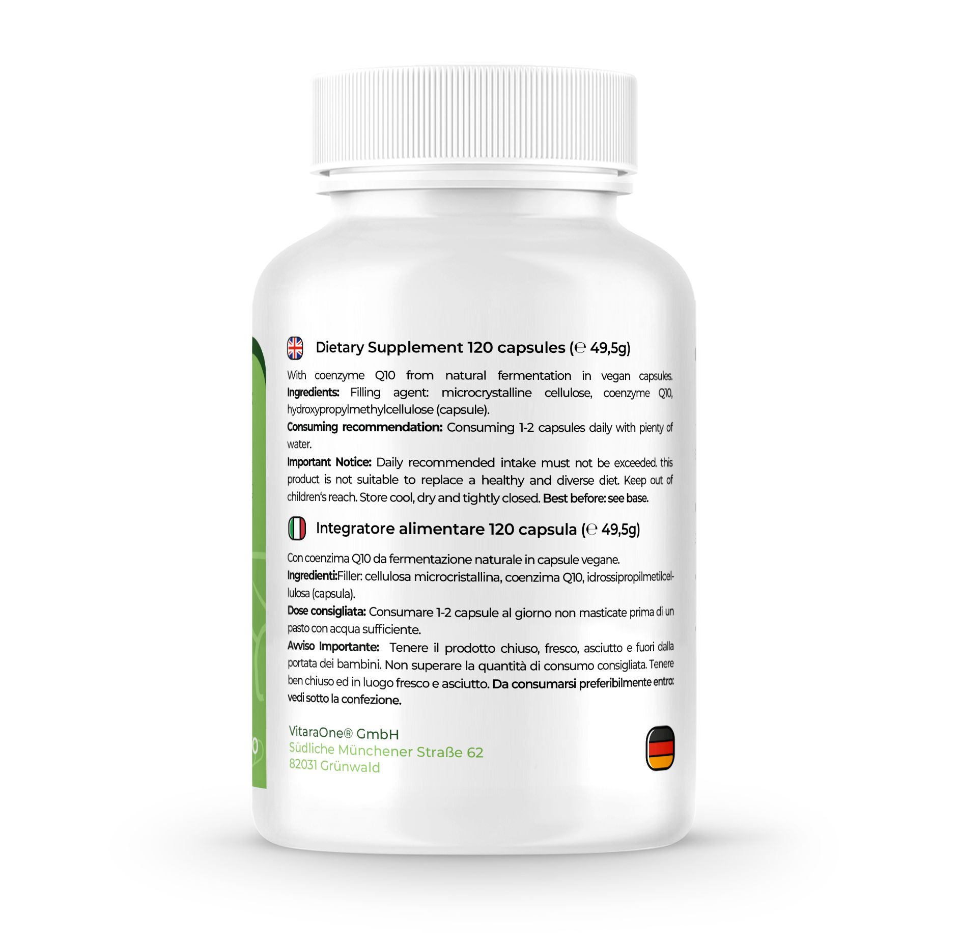 Retro del flacone bianco. Testo: Integratore alimentare. 120 capsule. Ingredienti, raccomandazioni, informazioni importanti.