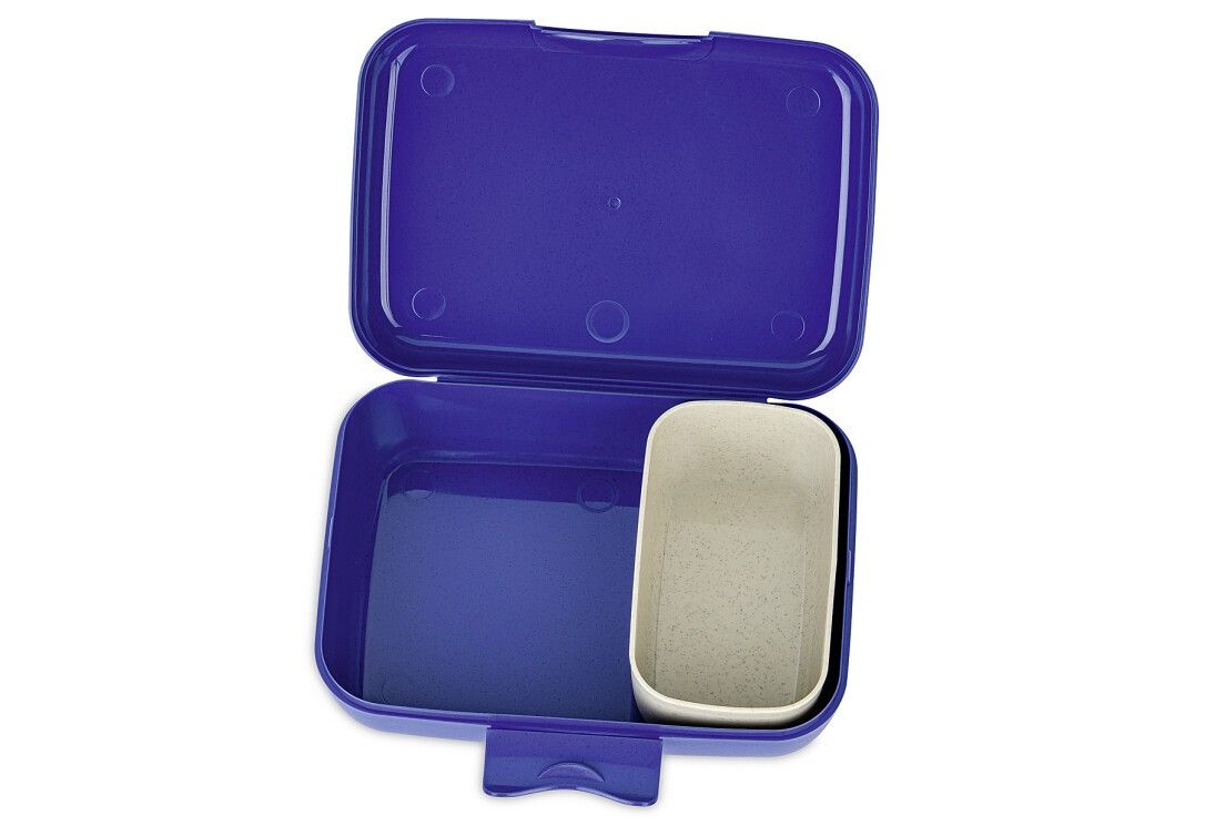 Portapranzo blu aperto con scomparto. Rettangolare, con scomparto beige chiaro. Vista interna.