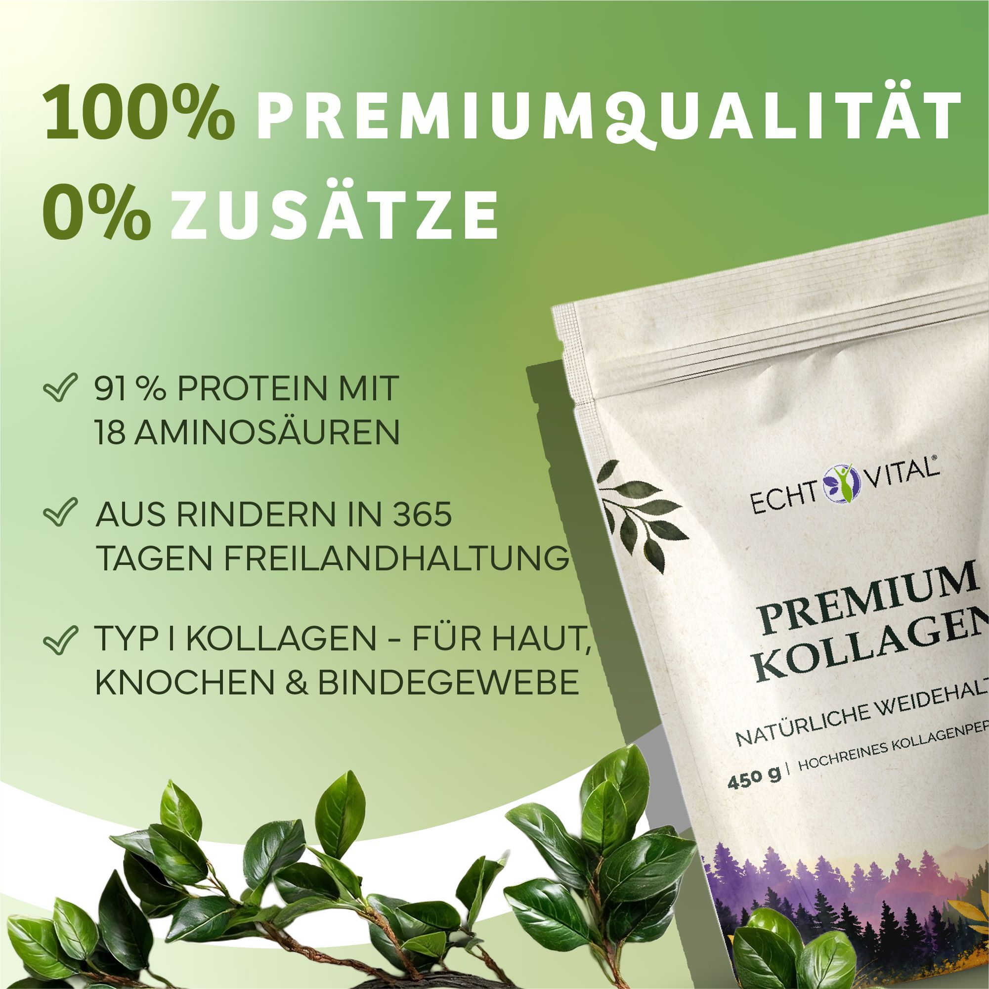 Collagene premium Echt Vital: 91% proteine, 18 amminoacidi, da bovini allevati all'aperto.
