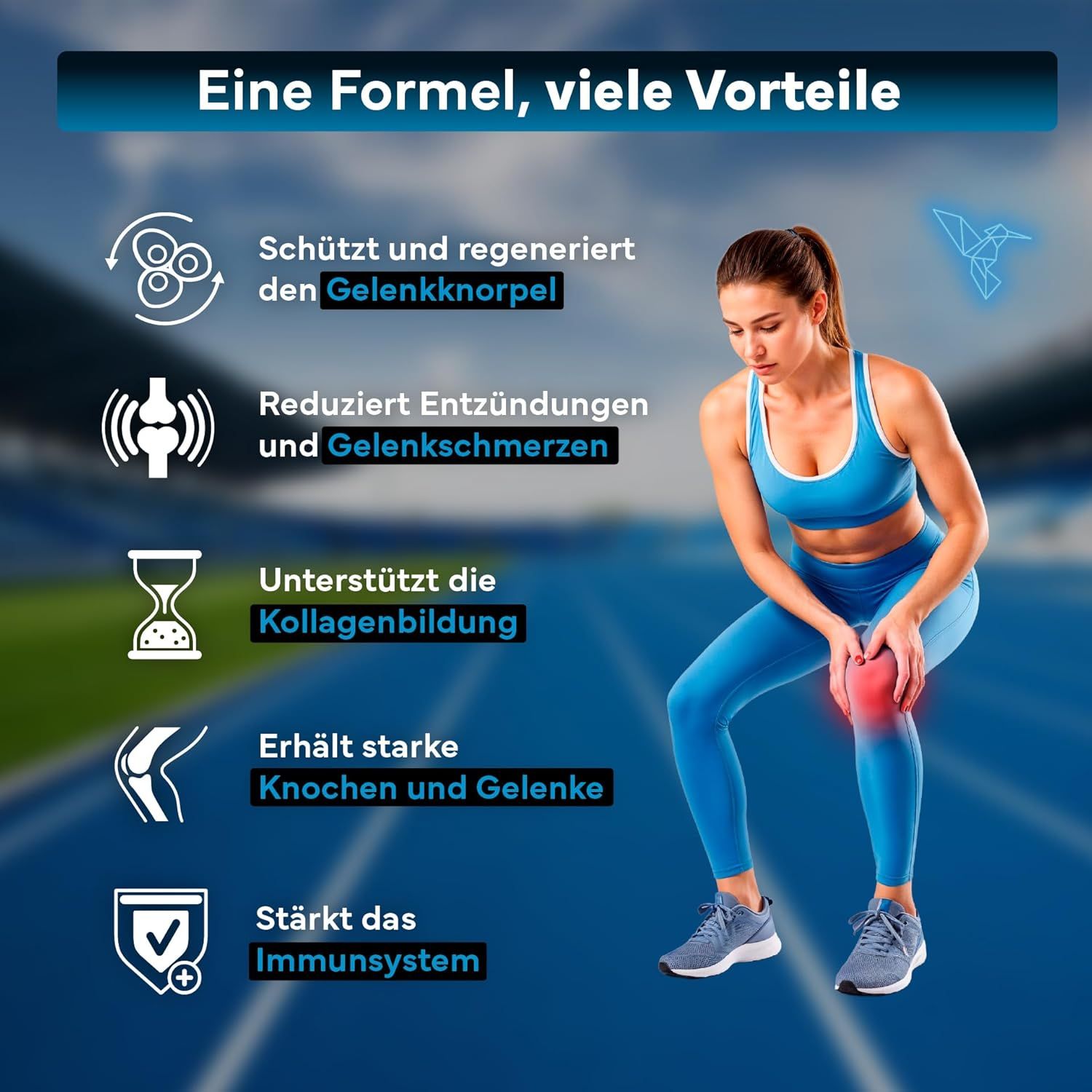Donna in abbigliamento sportivo inginocchiata su una pista. A sinistra sono elencati i benefici del SEVENS NUTRITION Glucosamine Complex.