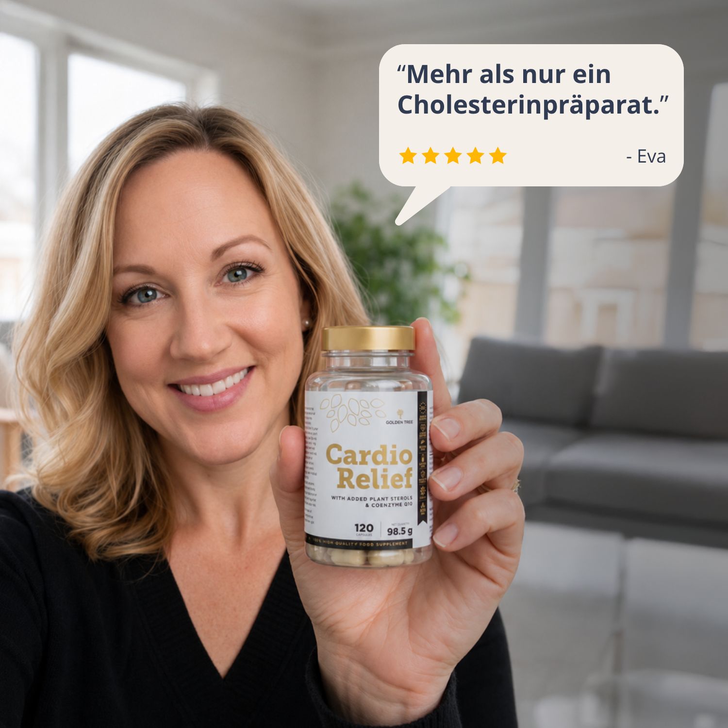 Donna che tiene Golden Tree Cardio Relief, con una recensione di 5 stelle.