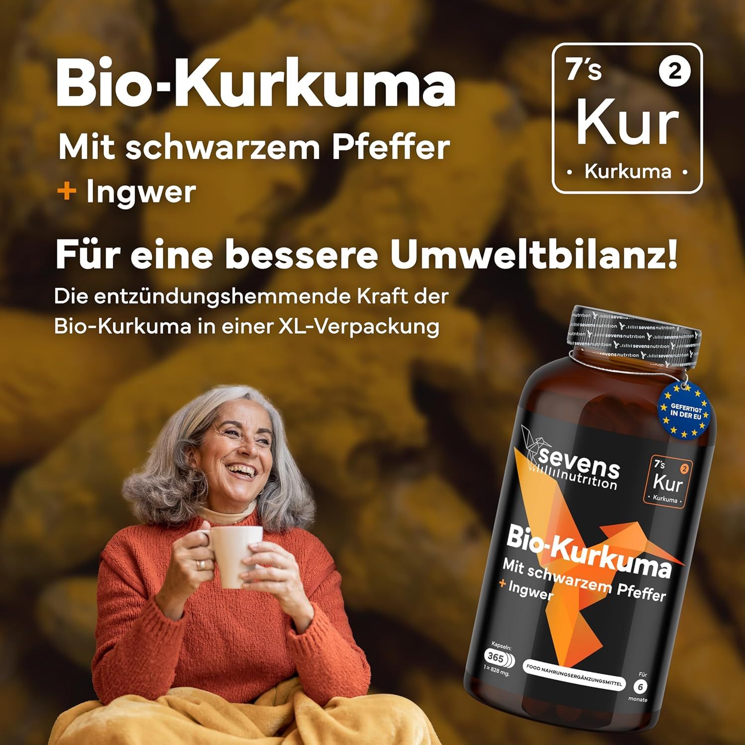 Donna con tazza accanto a un barattolo di capsule di curcuma bio (confezione XL).