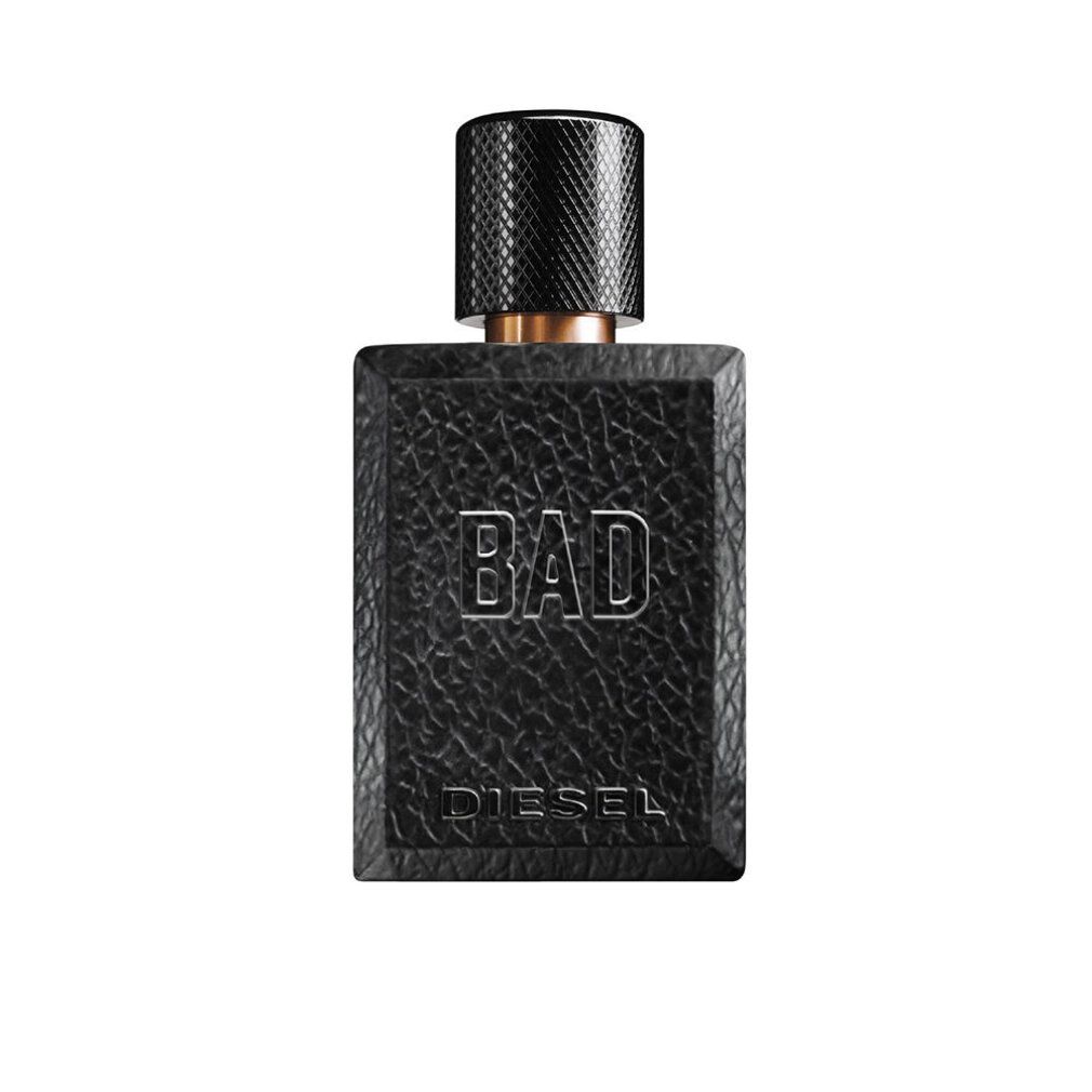 Flacone nero con scritta dorata "BAD" e "DIESEL". Tappo nero.