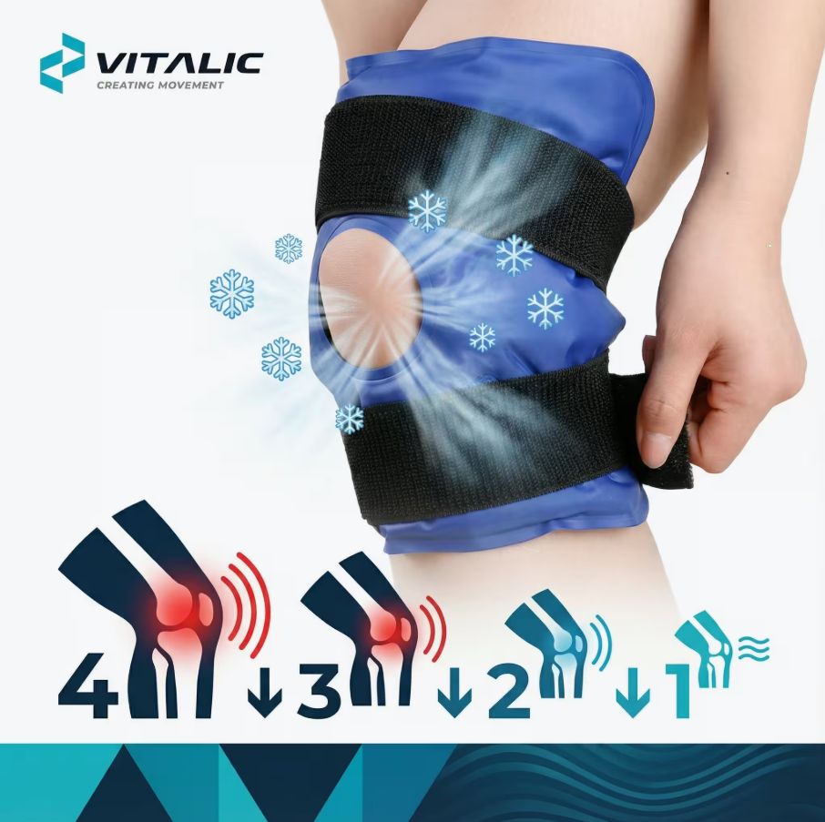 Ginocchiera blu con cinghie nere. Logo VITALIC. Illustrazioni per l'uso.