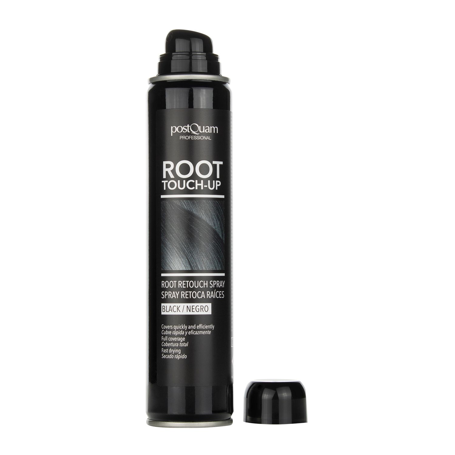 Spray ritocco radici nero. Contenitore cilindrico con tappo rimosso. Nome del prodotto e testo sull'etichetta.