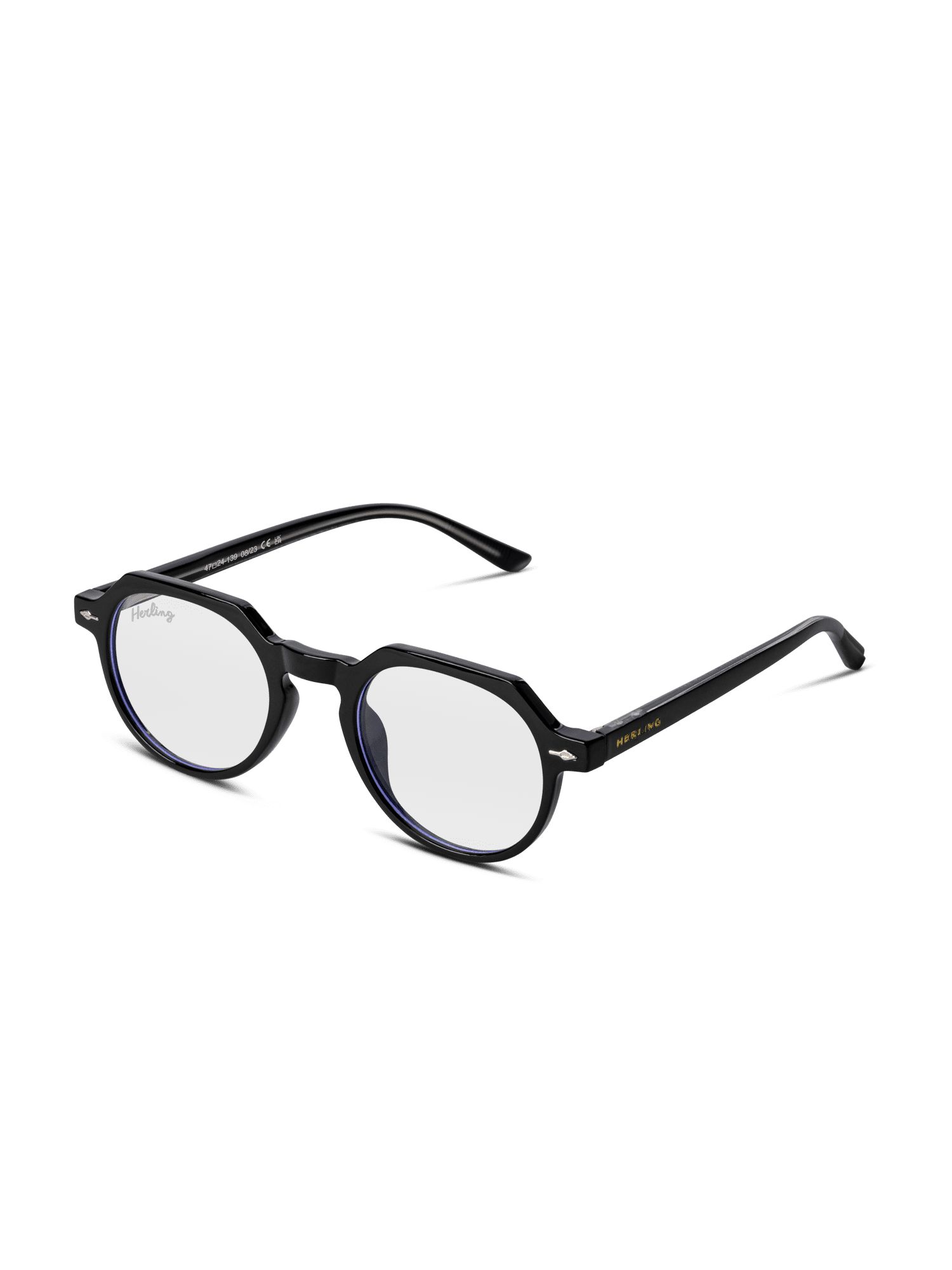Occhiali neri con lenti rotonde. Il logo Herling è visibile sull'asta. Filtro luce blu.